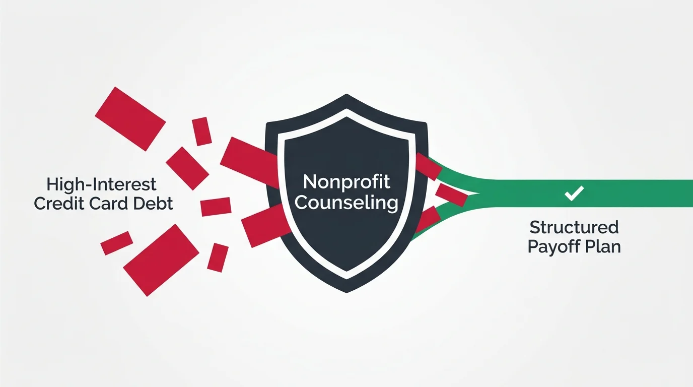Infographic showing high-interest credit cards being simplified into a single structured payoff plan via nonprofit counseling.