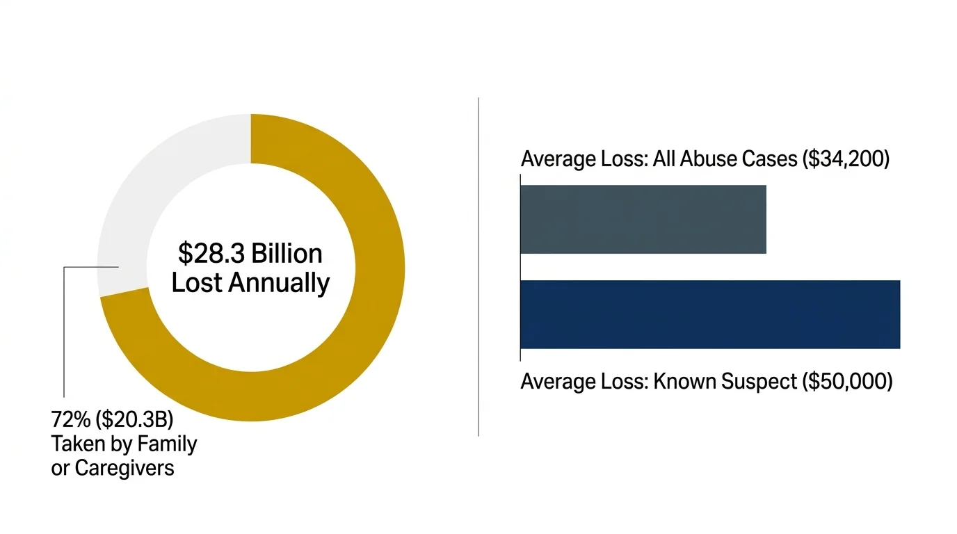 Infographic showing that 72 percent of the 28.3 billion dollars lost annually to elder financial abuse is taken by family.