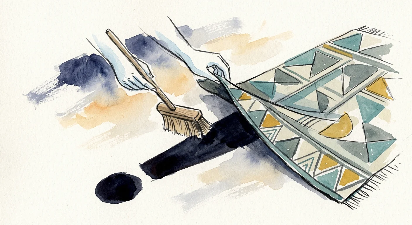 Ink and watercolor illustration of a hand attempting to sweep a large shadow under a rug, symbolizing ignoring warning signs.