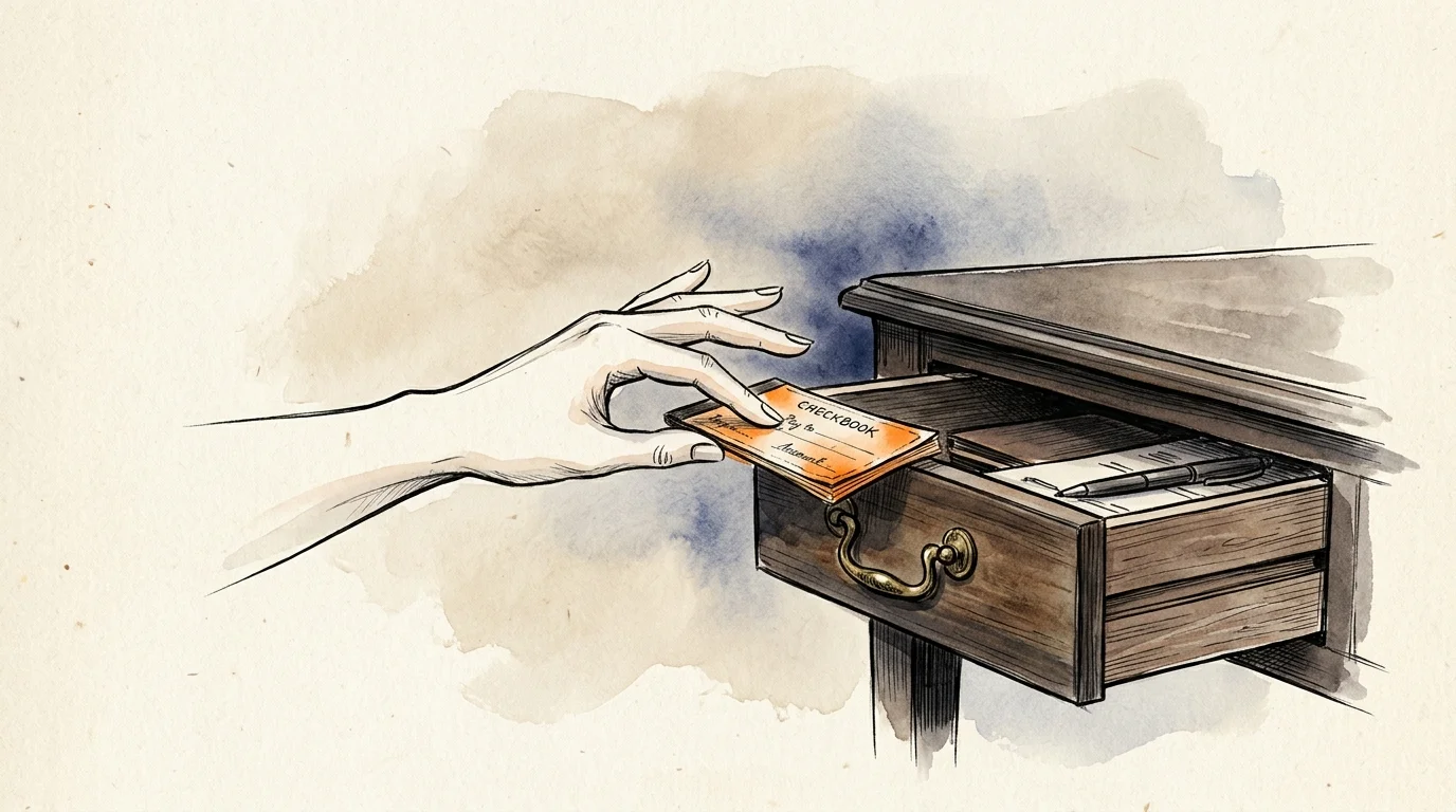 Ink and watercolor illustration of a hand reaching into a desk drawer for a checkbook, symbolizing boundary violations.