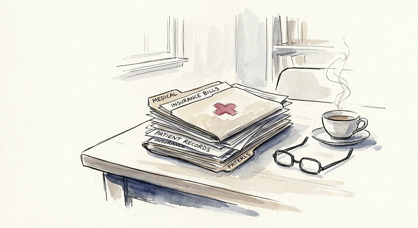 Ink and watercolor illustration of a stack of medical files, glasses, and a teacup on a table, symbolizing unexpected healthcare costs.