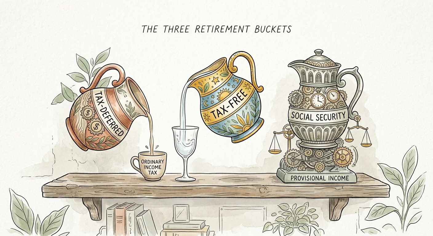 Ink and watercolor illustration of three ceramic jars representing tax-deferred, tax-free, and Social Security income buckets.