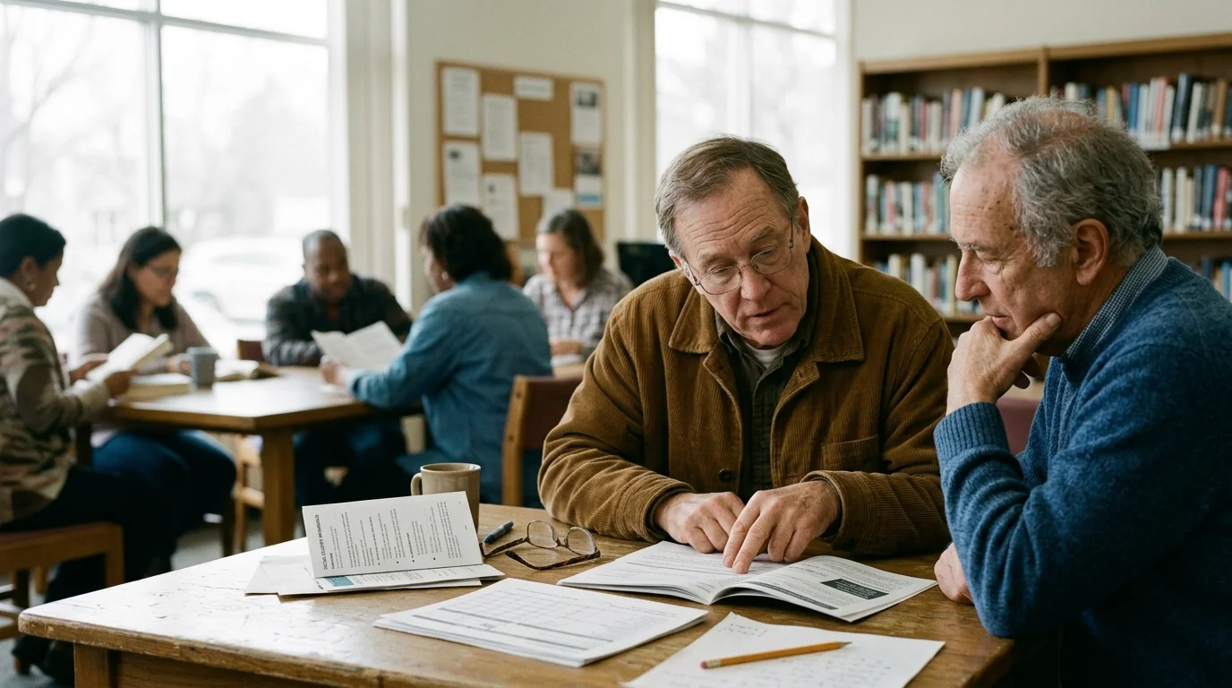 Two senior men sitting at a library table reviewing printed documents with other patrons seated in the background.