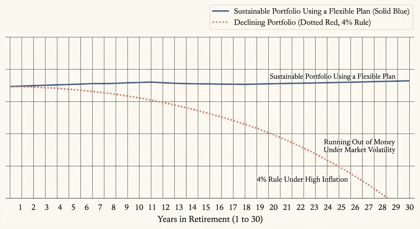 Minimalist line graph showing portfolio longevity over thirty years comparing a rigid 4 percent rule versus a flexible withdrawal strategy.