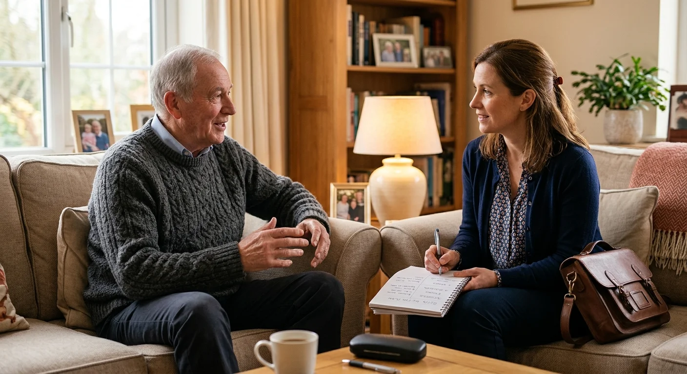 Photo of an older man in a cozy living room talking with a financial planner who is taking notes on a pad.