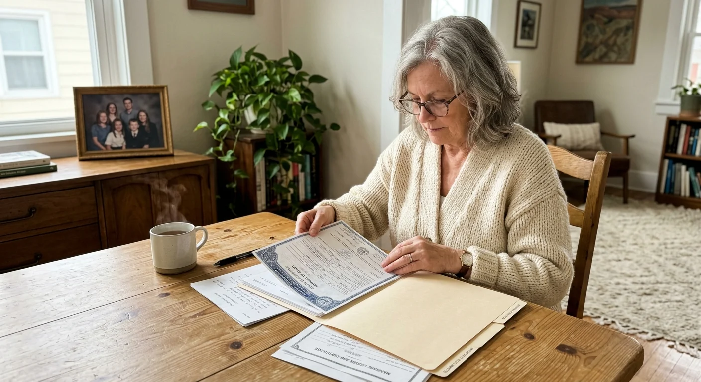 Photo of an older woman at her wooden kitchen table, organizing documents like a marriage certificate to apply for survivor benefits.
