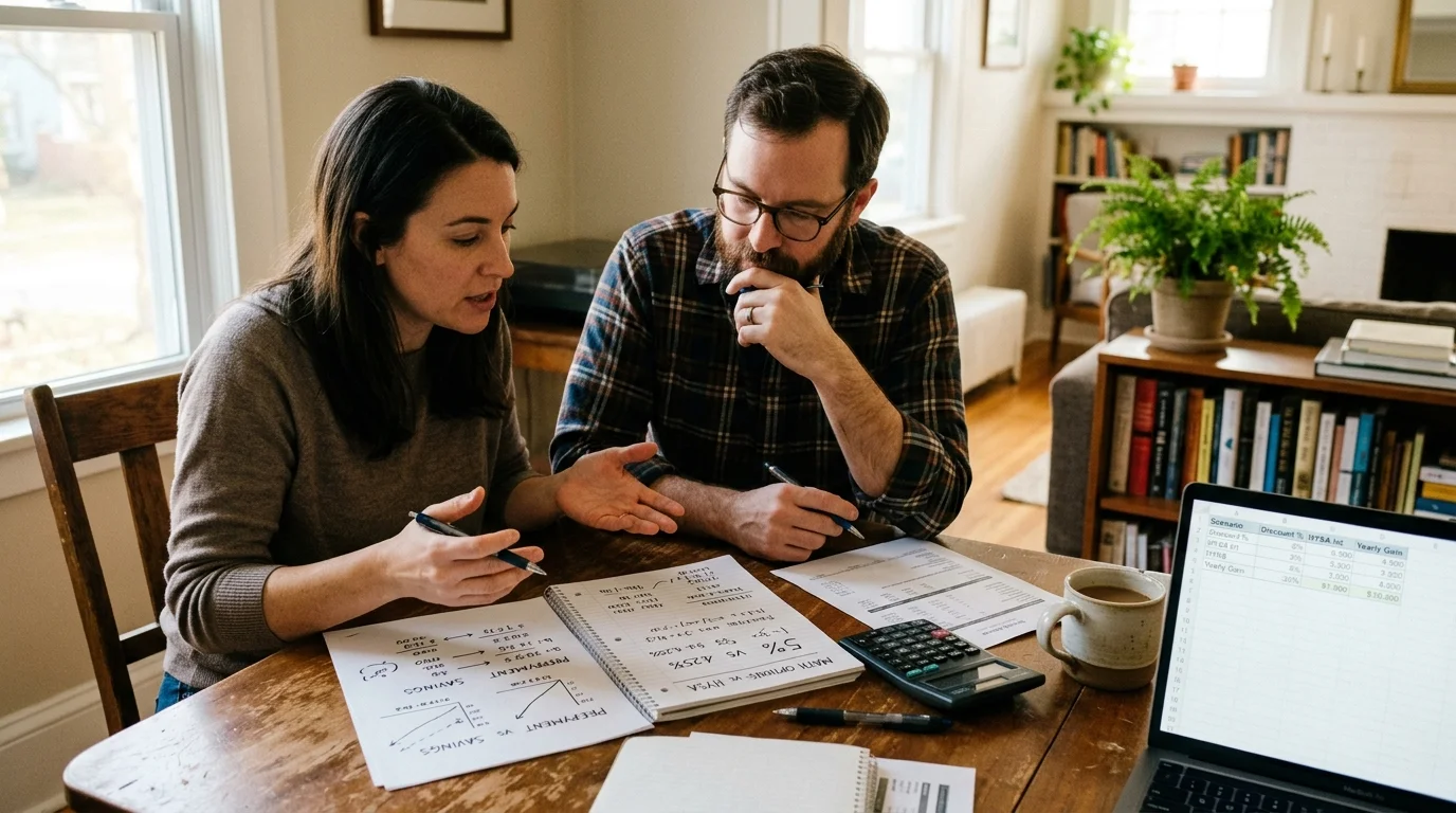 A man and woman review handwritten financial notes, a calculator, and a laptop spreadsheet at a wooden table.