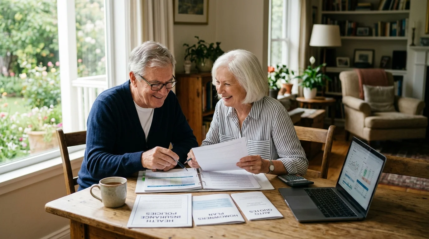 An older couple smiles while reviewing insurance documents and a laptop at a wooden table in a living room.