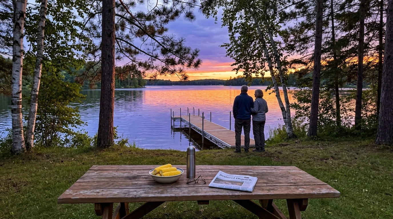 Couple stands by a lake dock at sunset behind a picnic table with corn, a thermos, and a newspaper framed by pine trees.