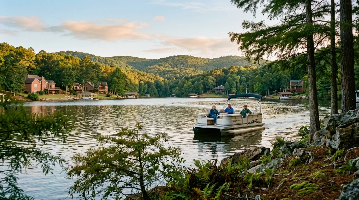Three people riding a pontoon boat on a calm lake surrounded by forested hills and waterfront homes.