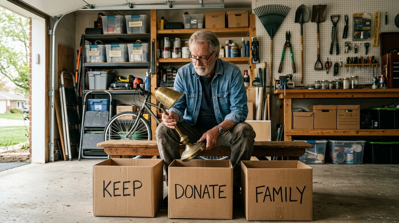 A senior man sits in a garage holding a vintage lamp in front of cardboard boxes labeled keep, donate, and family.