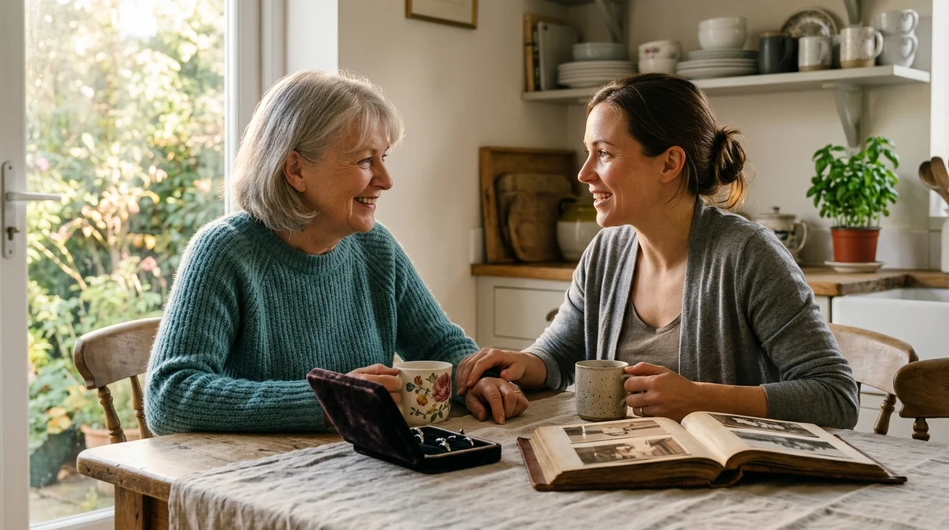 An older woman and younger woman sit smiling at a kitchen table with mugs, a jewelry box, and an old photo album.