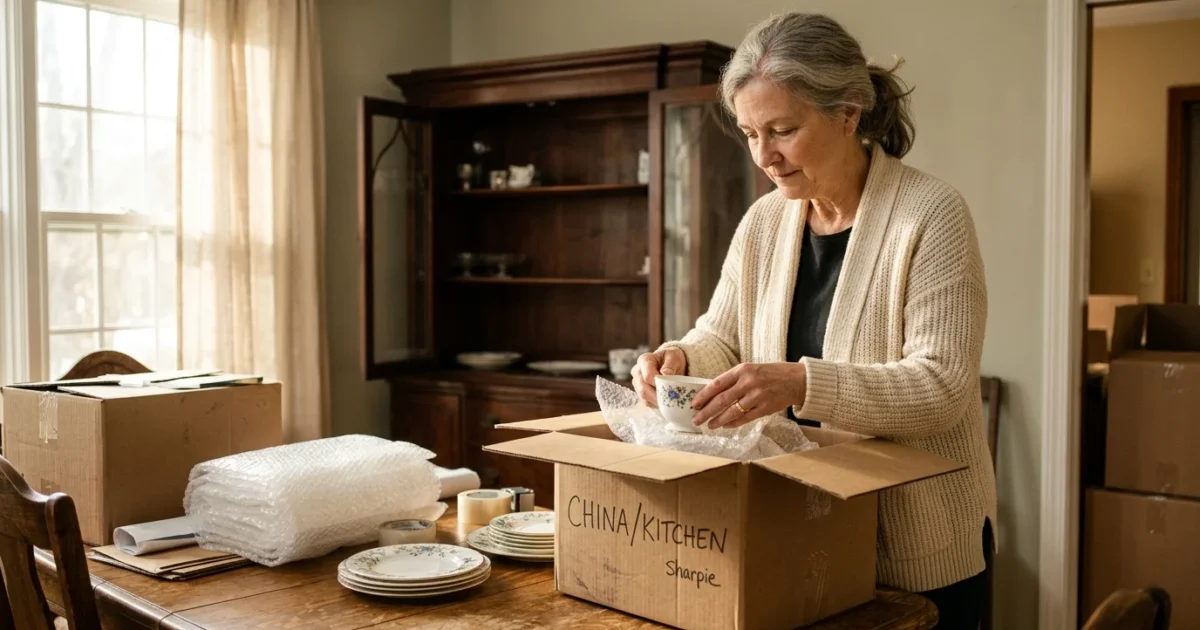 An older woman packing china teacups into a cardboard box labeled China Kitchen on a wooden dining table.