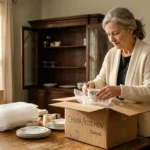 An older woman packing china teacups into a cardboard box labeled China Kitchen on a wooden dining table.