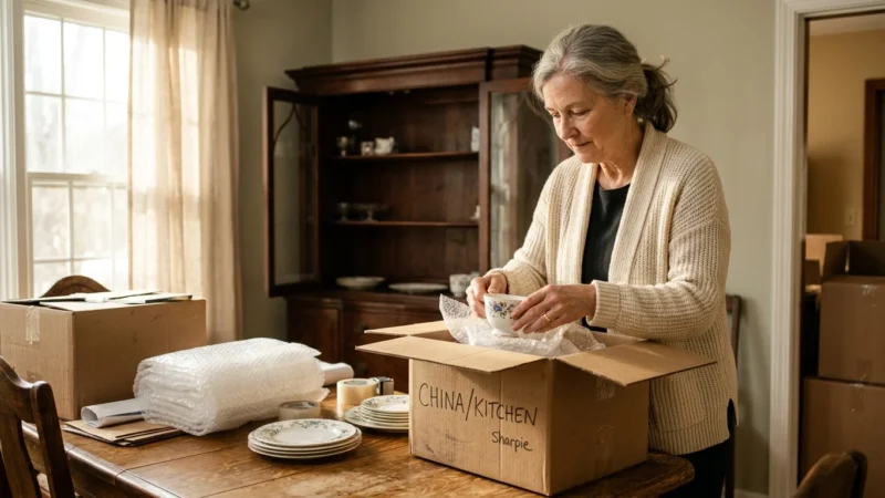 An older woman packing china teacups into a cardboard box labeled China Kitchen on a wooden dining table.