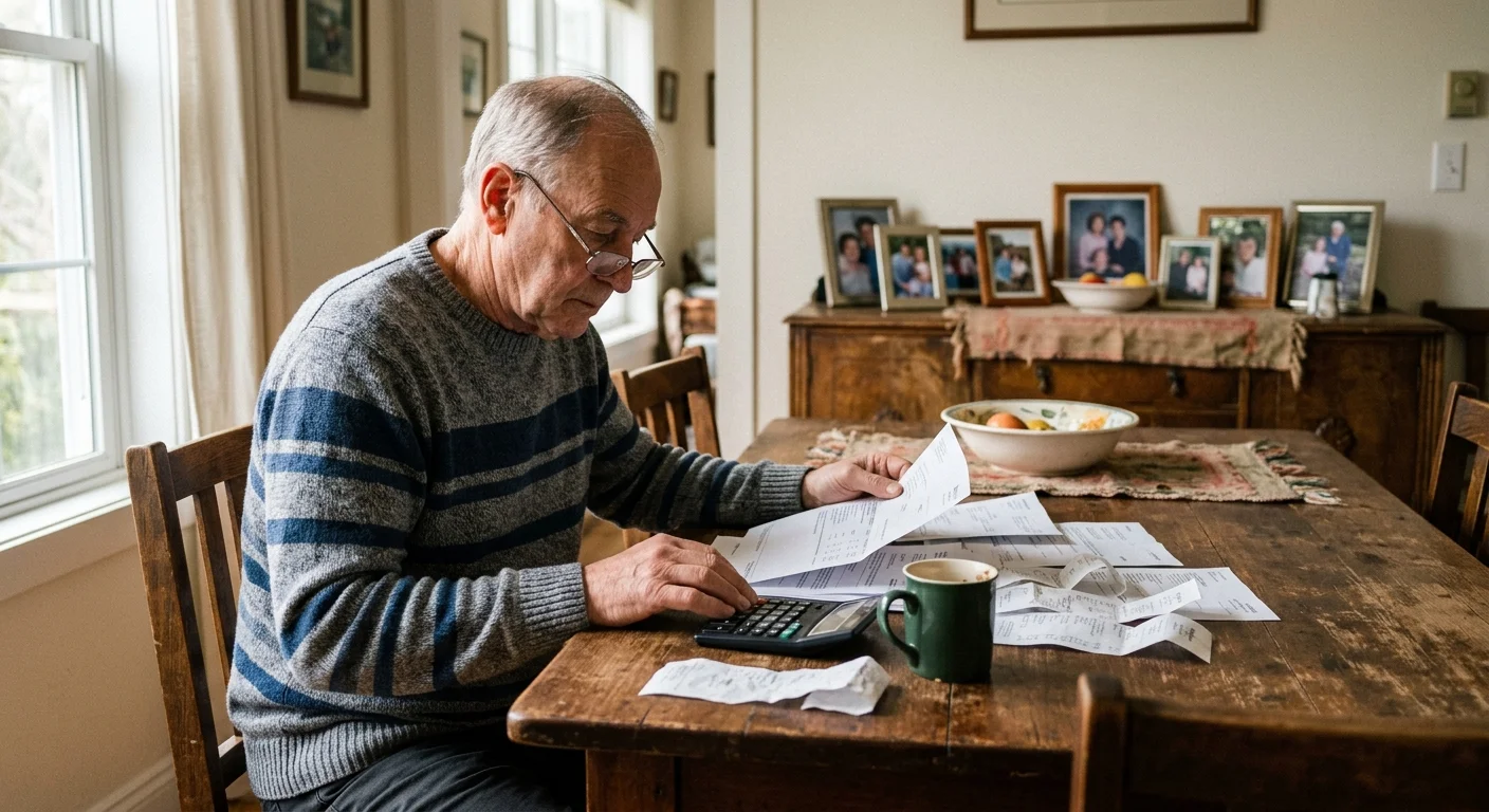 Smartphone snapshot of an older man reviewing tax forms at his kitchen table in natural morning light.