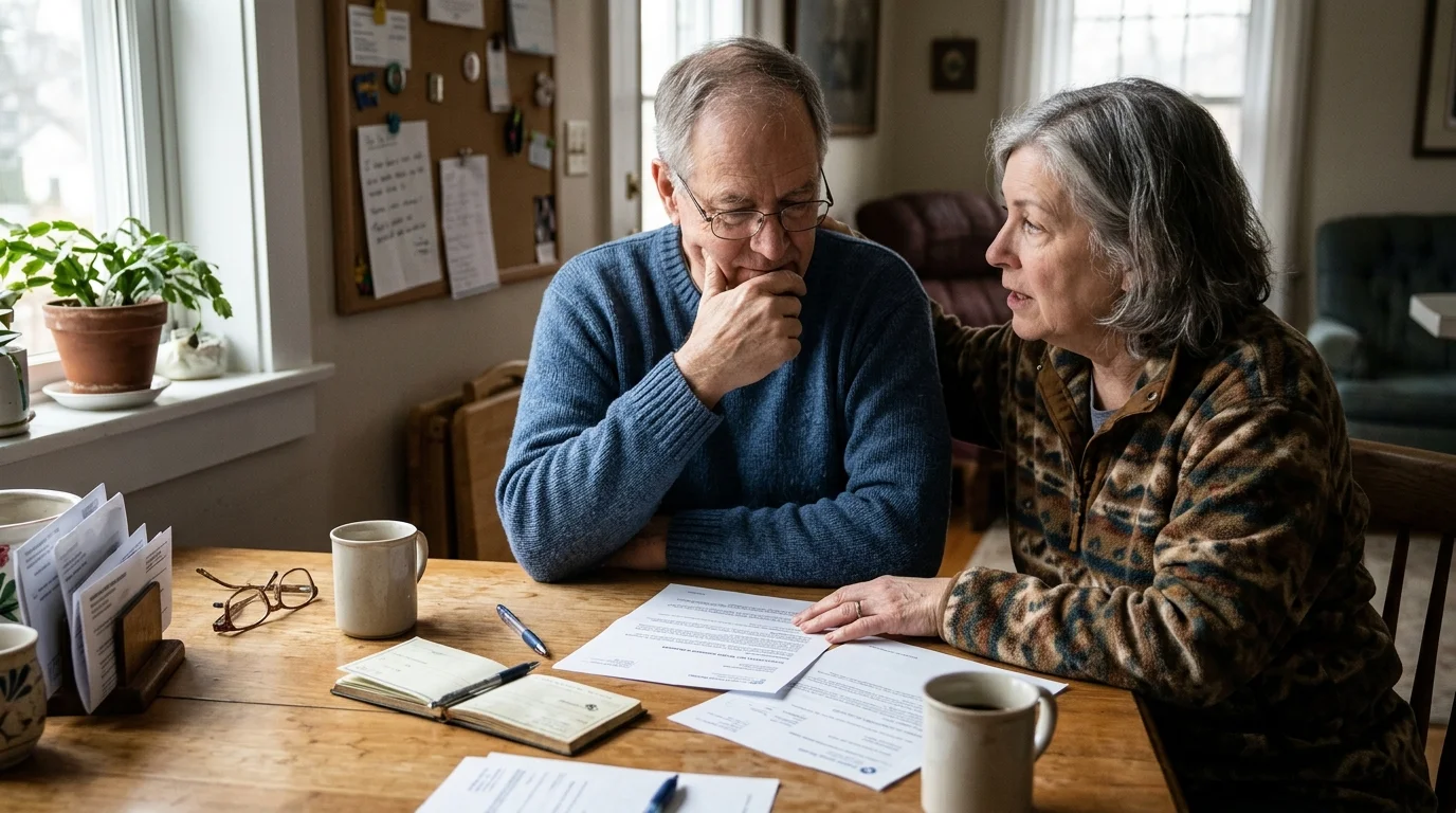 An older man and woman sit at a wooden table looking concerned while reviewing paperwork and documents.