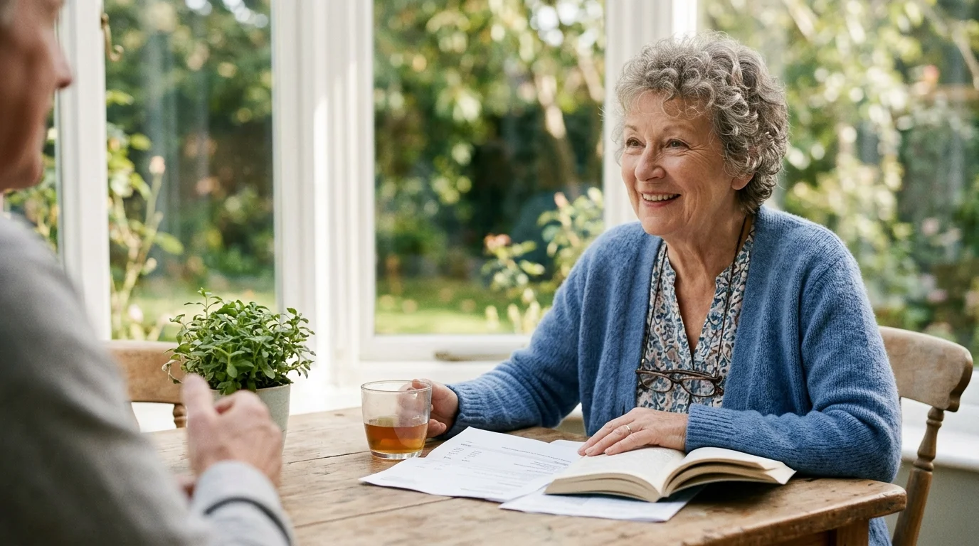 A smiling senior woman sitting at a sunlit wooden table with documents, a book, and tea, talking to a companion.