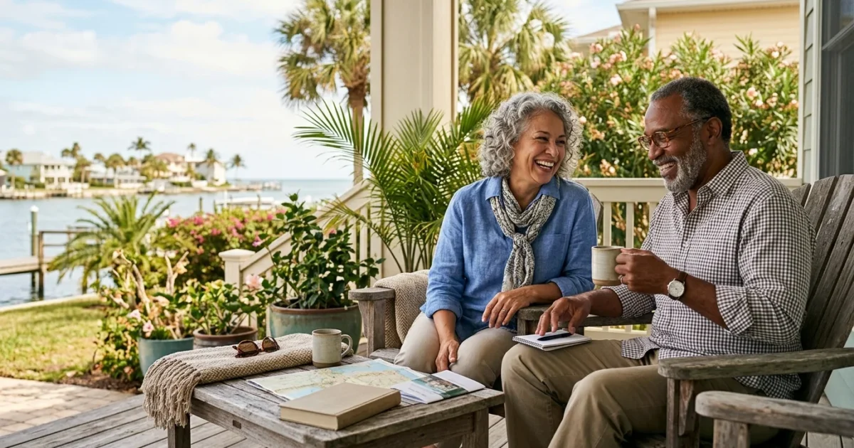 A senior couple smiles while sitting on a porch overlooking a canal, drinking coffee with a map on the table.