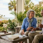 A senior couple smiles while sitting on a porch overlooking a canal, drinking coffee with a map on the table.