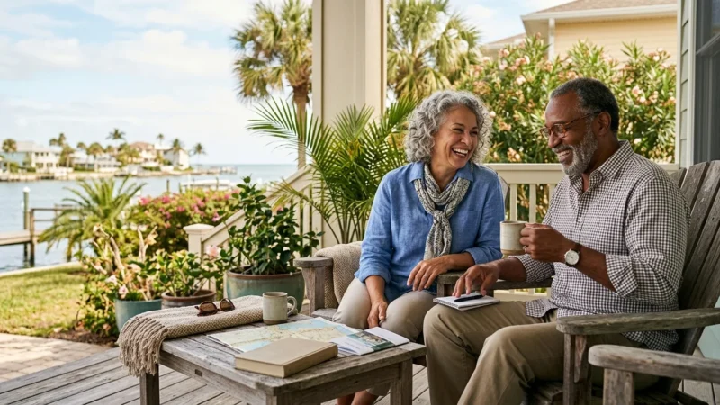 A senior couple smiles while sitting on a porch overlooking a canal, drinking coffee with a map on the table.
