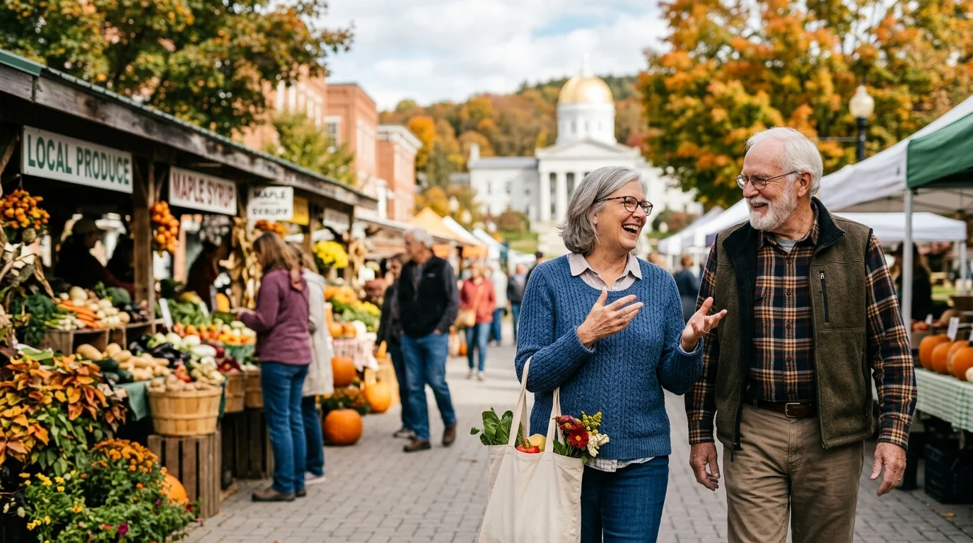 Senior couple walking and laughing at an outdoor autumn farmers market with a domed building in the background.