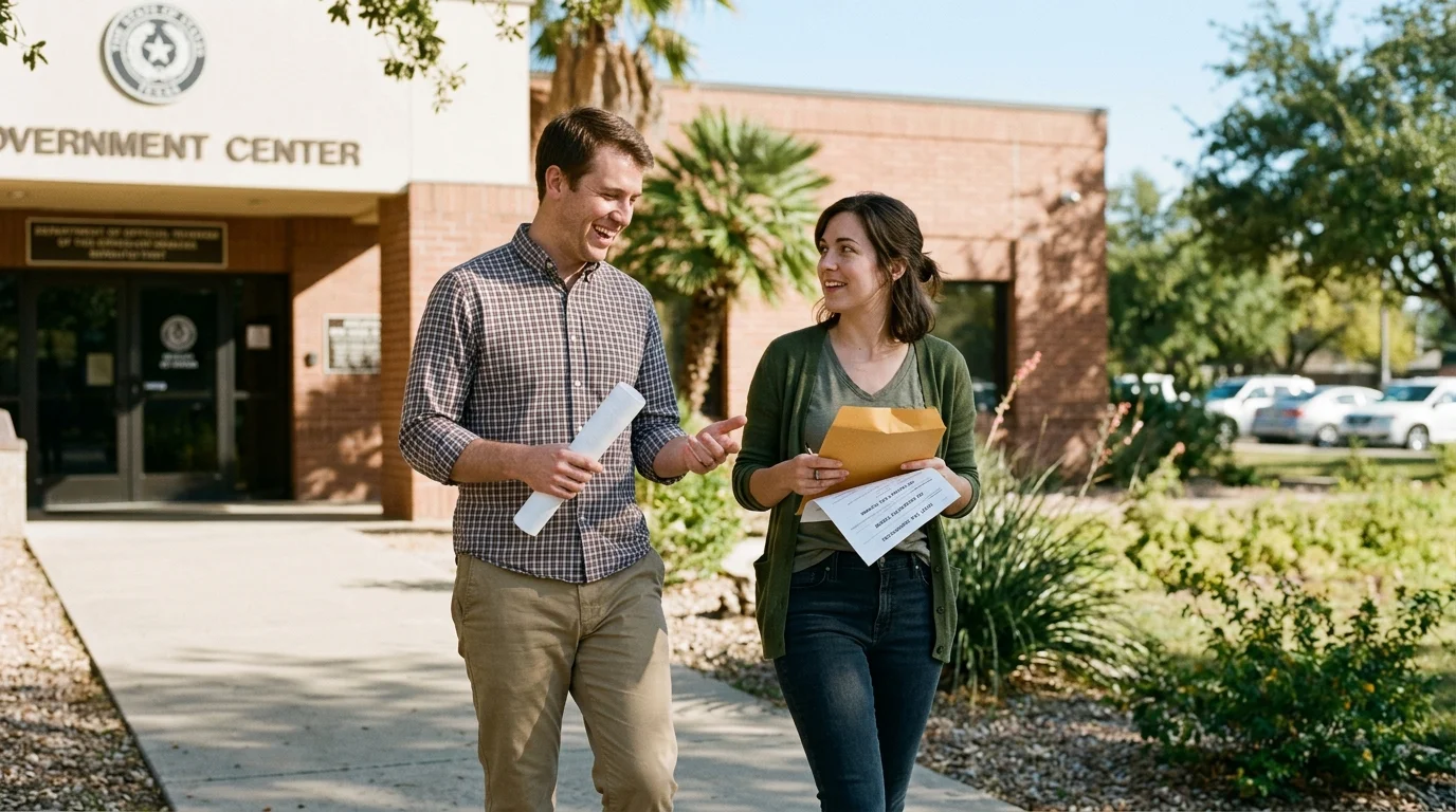 A man and woman smiling and holding papers while walking down a sidewalk outside a government center building.