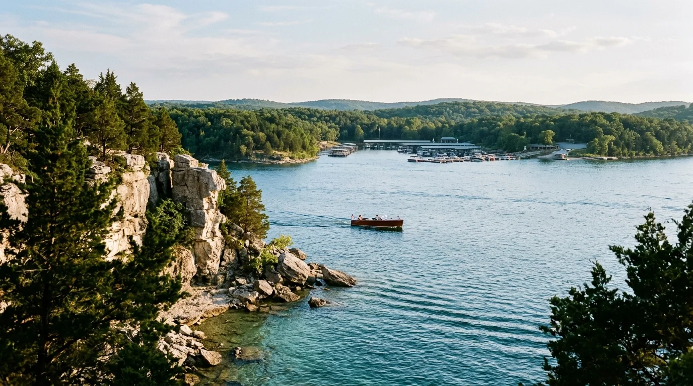A small boat cruises across a blue lake framed by rocky, forested cliffs and rolling green hills.