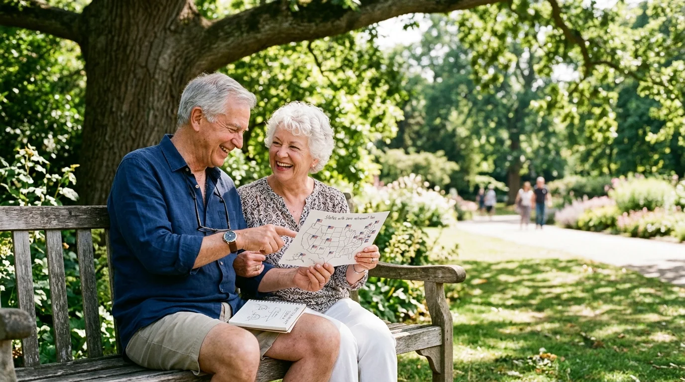 An older smiling couple sits on a wooden park bench holding a US map titled States with zero retirement tax.