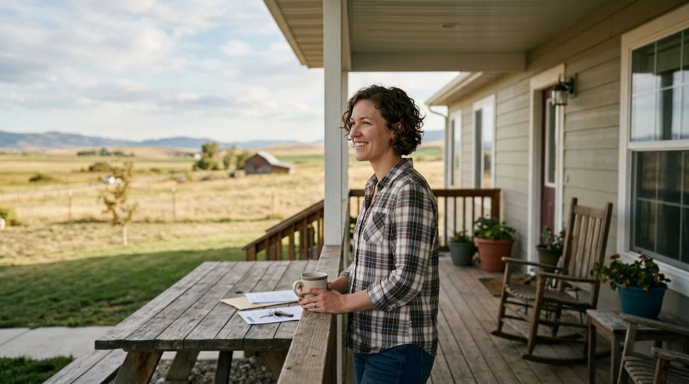 A smiling woman standing on a wooden porch holding a coffee mug, looking out over a rural landscape.