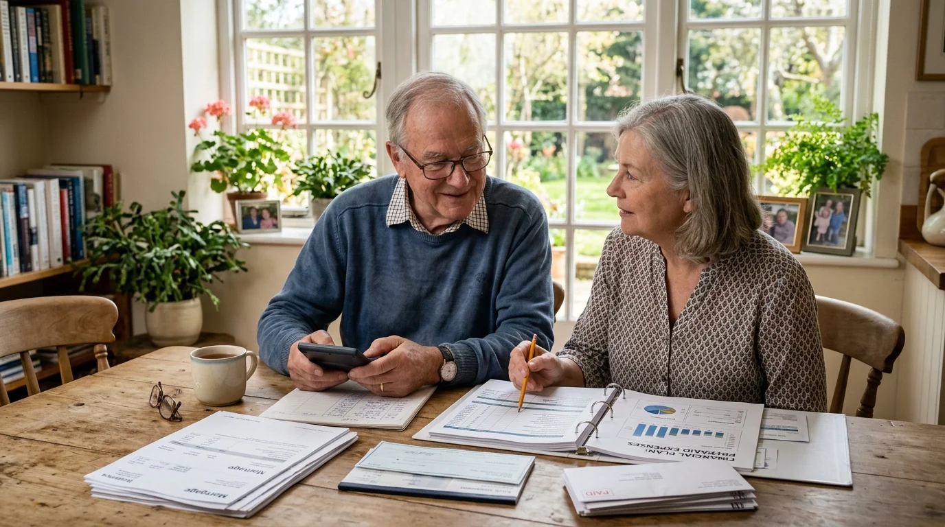 An older couple sits at a wooden table reviewing financial documents, bills, and a binder with a calculator.