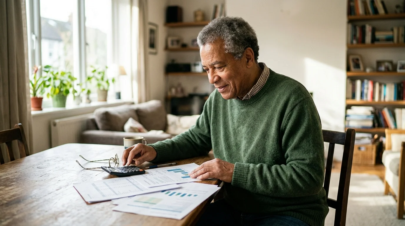A senior Black man in a green sweater uses a calculator while reviewing financial documents at a wooden table.