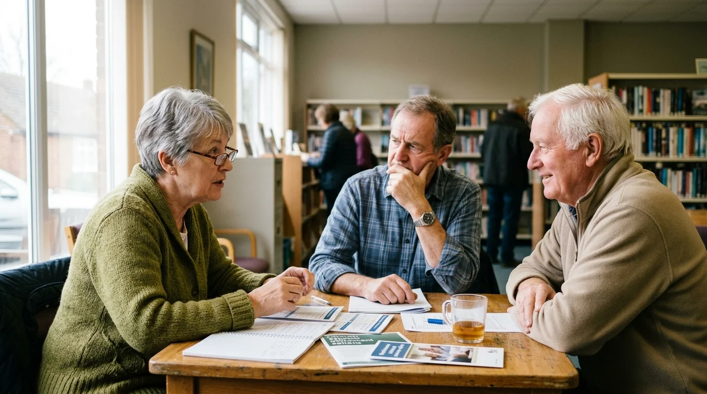 Three older adults sit at a wooden table in a library discussing paperwork and printed brochures.