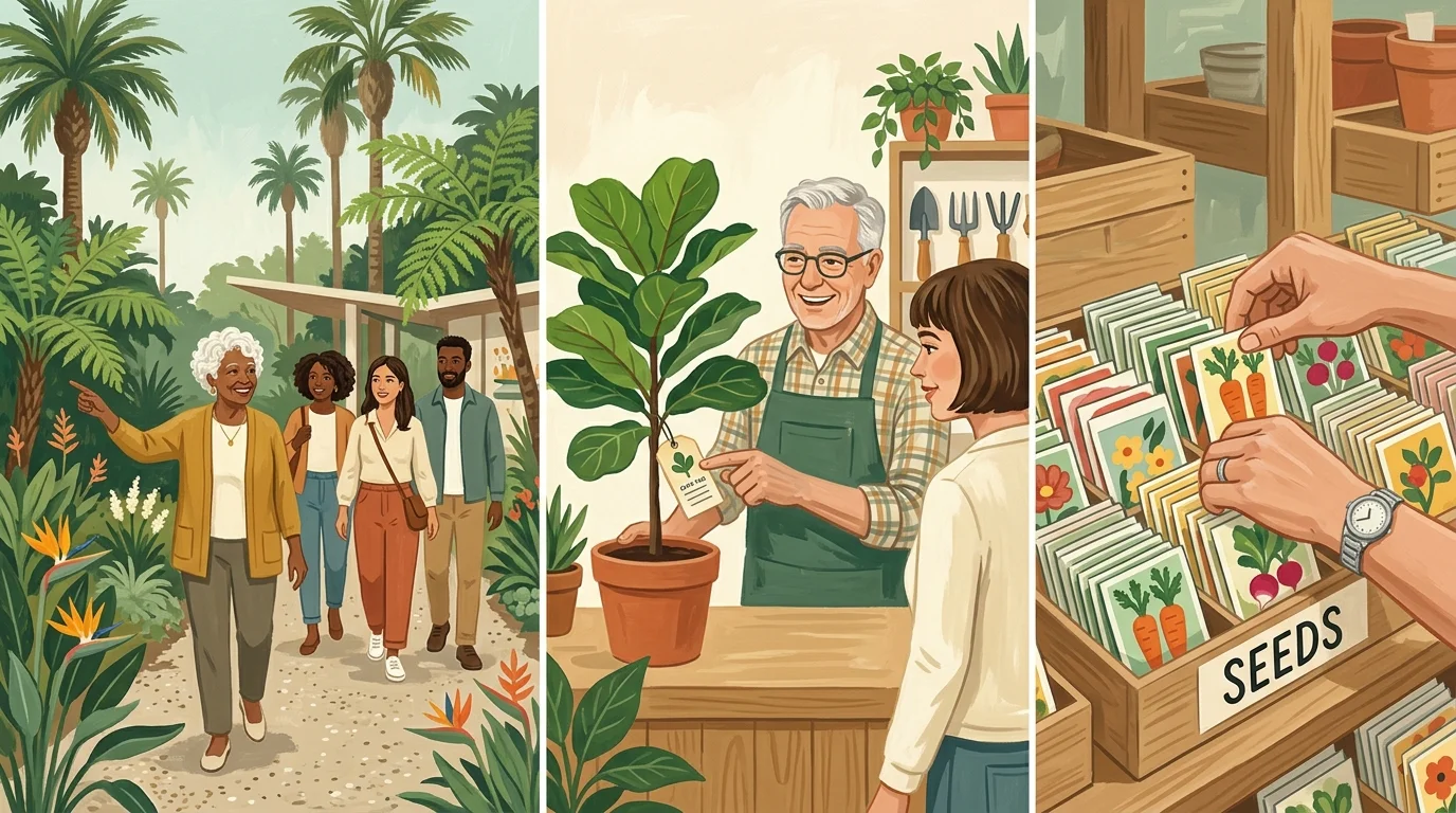 Three-panel illustration showing a botanical garden guide, a retail nursery assistant, and someone organizing seed packets.