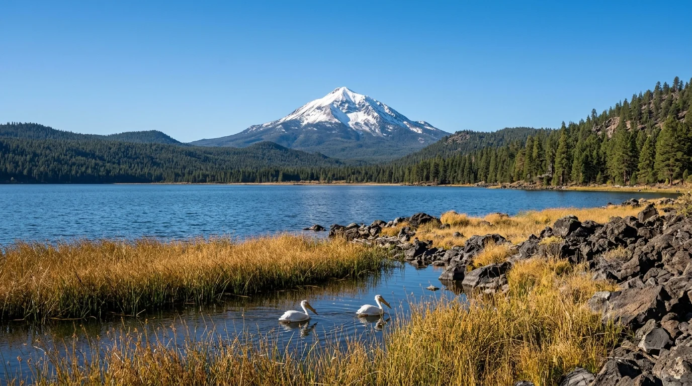 Two white pelicans swim near a grassy lake shore with evergreen forests and a snow-capped mountain under clear blue skies.