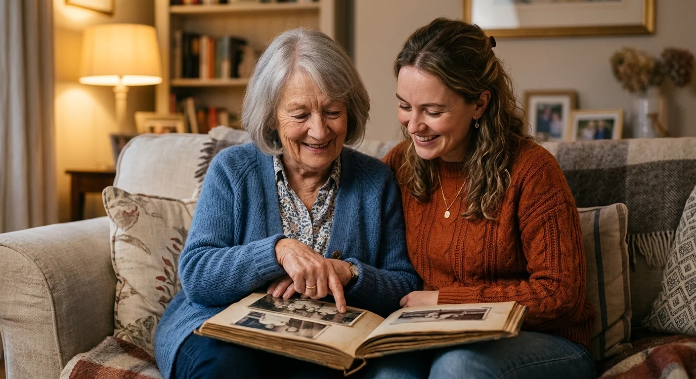 Warm 50mm photograph of a grandmother and granddaughter sharing a touching moment while looking at a family album on a sofa.