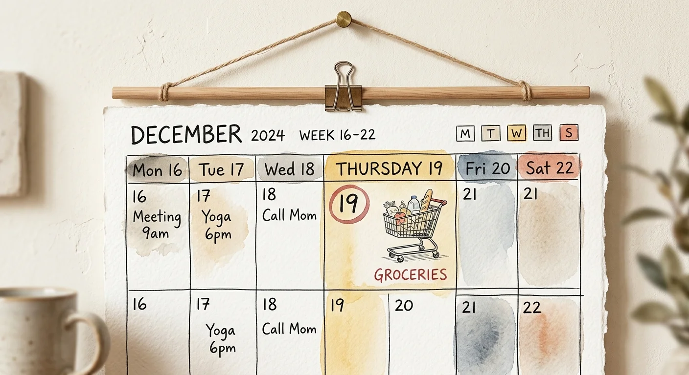 Watercolor illustration of a calendar page with Thursday circled in red and a small shopping cart icon drawn inside the date.
