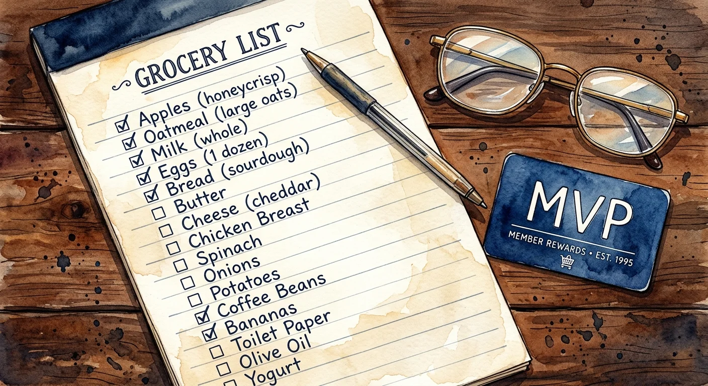 Watercolor illustration of a hand-written shopping list with checkmarks next to a blue loyalty card on a table.