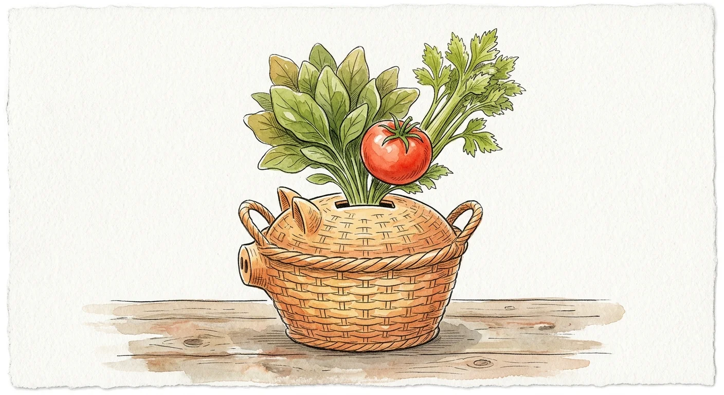 Watercolor illustration of a piggy bank shaped like a wicker shopping basket, with fresh green vegetables sprouting from the top.