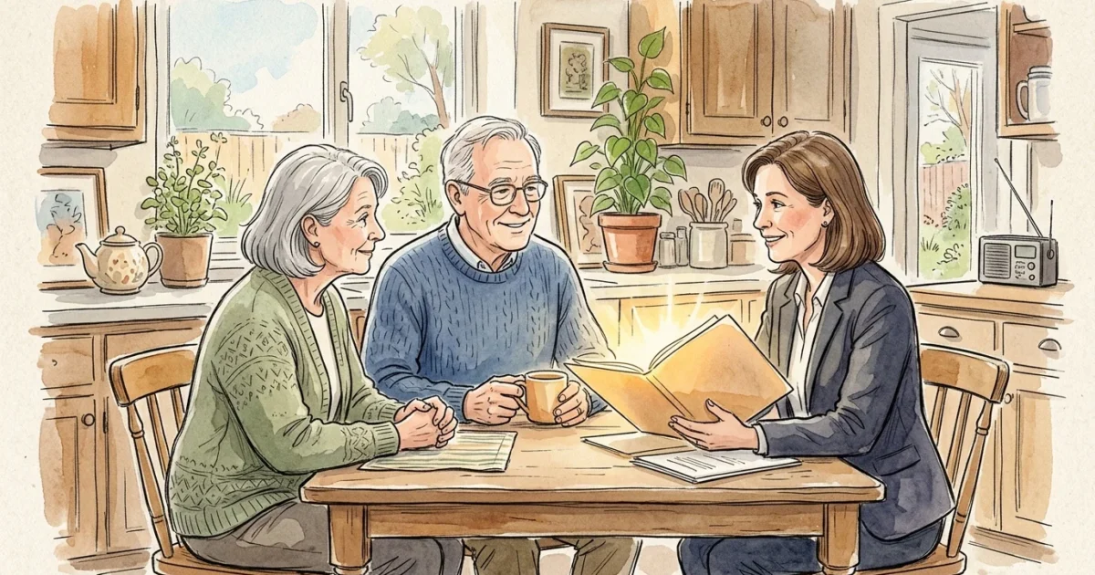 Watercolor illustration of a retired couple sitting with a supportive legal advocate at a kitchen table, discussing documents.
