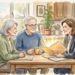 Watercolor illustration of a retired couple sitting with a supportive legal advocate at a kitchen table, discussing documents.