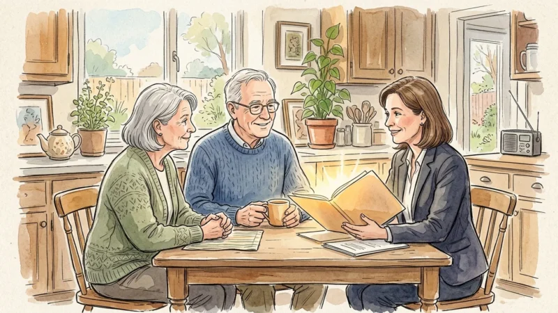 Watercolor illustration of a retired couple sitting with a supportive legal advocate at a kitchen table, discussing documents.