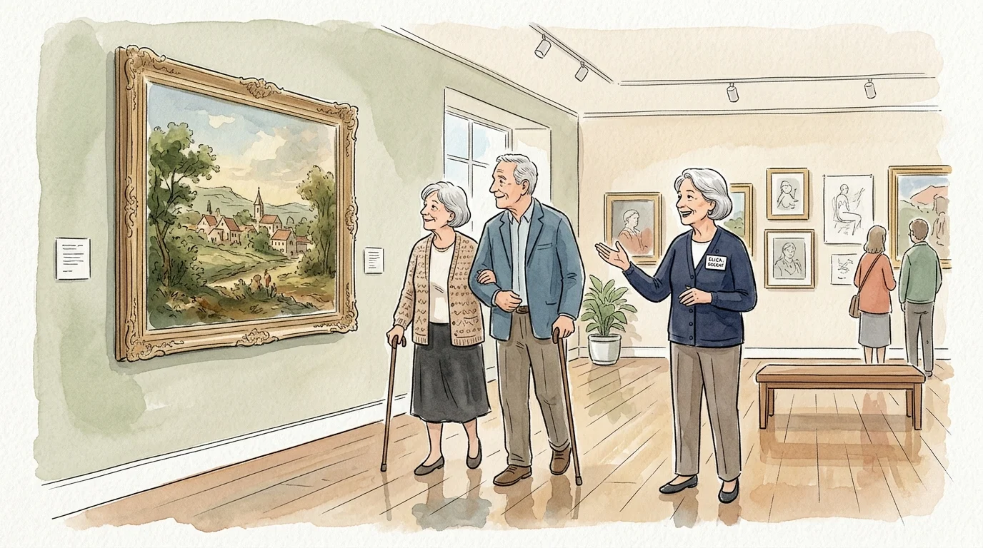 Watercolor illustration of a senior museum docent sharing a story with visitors in a calm, sunlit art gallery.