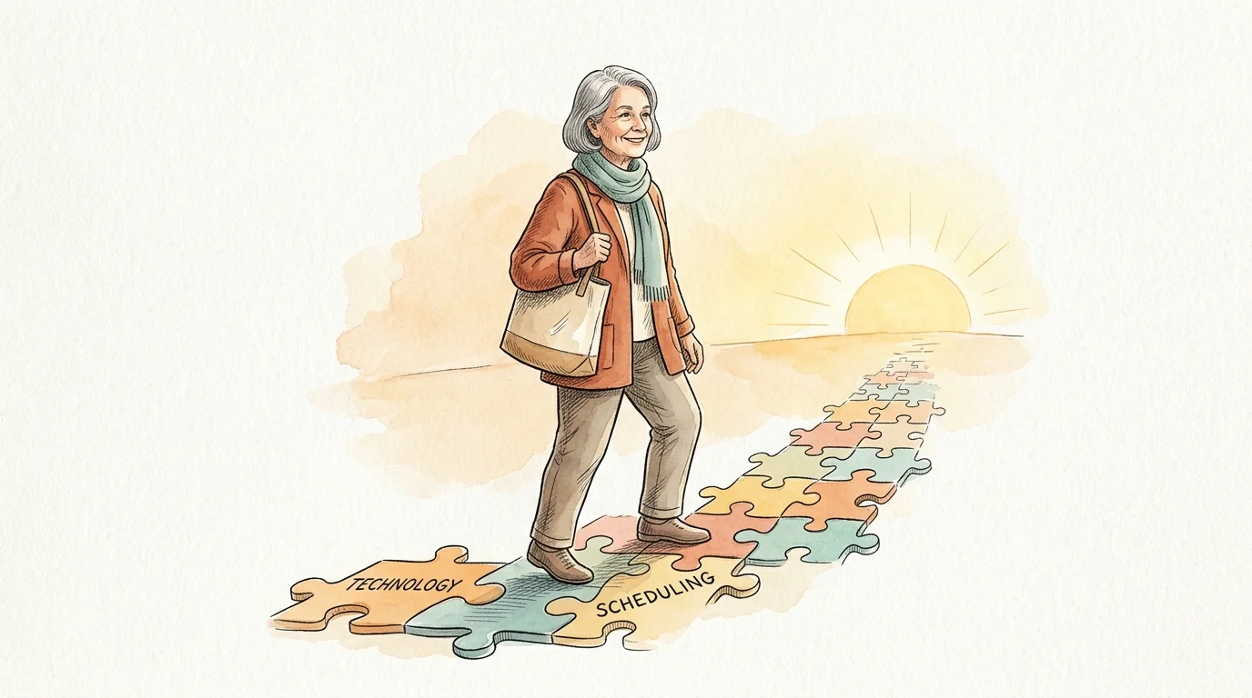 Watercolor illustration of a senior woman confidently walking up a puzzle-piece path toward a bright horizon.