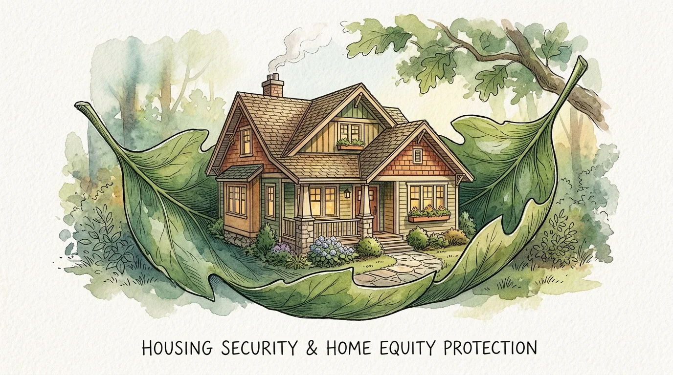 Watercolor illustration of a small house nestled safely inside a large, protective green leaf.