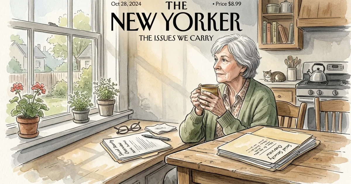 Watercolor illustration of a widowed senior woman sitting thoughtfully at her kitchen table next to a Social Security document folder.