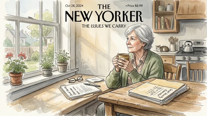 Watercolor illustration of a widowed senior woman sitting thoughtfully at her kitchen table next to a Social Security document folder.