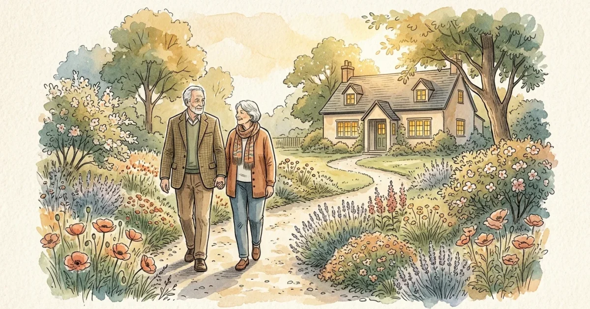 Watercolor illustration of an older couple walking a peaceful garden path toward a cozy cottage, symbolizing security.