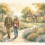 Watercolor illustration of an older couple walking a peaceful garden path toward a cozy cottage, symbolizing security.
