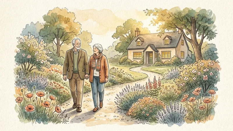 Watercolor illustration of an older couple walking a peaceful garden path toward a cozy cottage, symbolizing security.